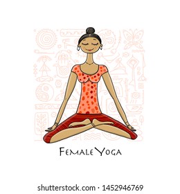 Young girl in lotus position. Padmasana women meditation. Sketch for your design