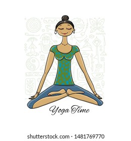 Young girl in lotus position. Padmasana women meditation. Sketch for your design
