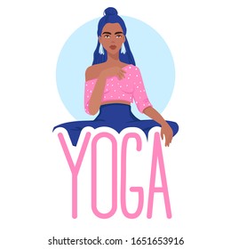 Young girl in the lotus position and Yoga inscription. Meditation and relaxation poster. Beautiful woman Vector stock illustration in flat cartoon style.