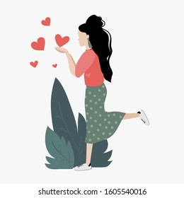 Young girl in love launching hearts. Flat cartoon characters on a white background, suitable for creating postcards, invitations, posters and more. Colorful vector illustration.
