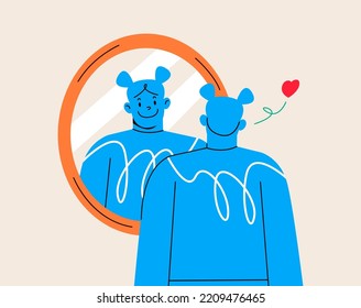 Young girl with love looking at herself in a mirror. Colorful vector illustration
