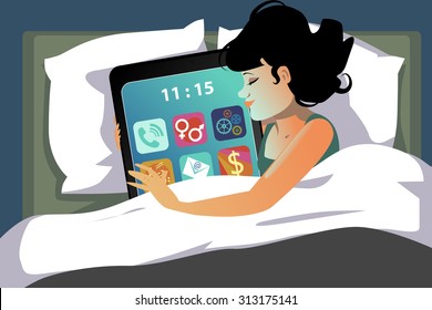 Young girl lying in bed hugging a giant smartphone, vector illustration, no transparencies, EPS 8