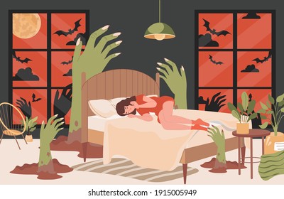 Young girl lying in bed at night and has nightmare vector flat illustration. Tired woman suffering from nightmare monsters, creepy green hands. Sleeping female character in night bedroom.