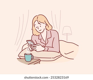 Young girl lying in bed with smartphone. Hand drawn style vector design illustrations.