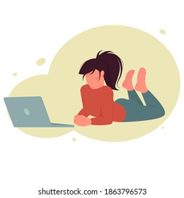 A young girl is lying in front of a laptop. Vector concept of freelancer or training