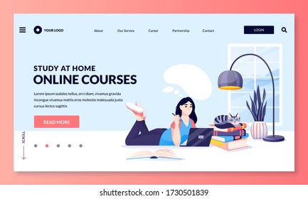Young girl lying on floor with laptop and open book. Remote education at school or university, online video courses and studying at home concept. Vector flat cartoon character illustration