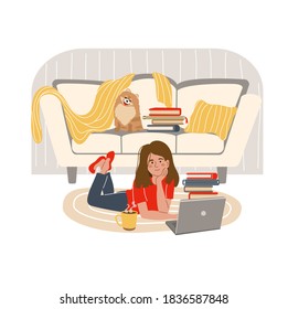 Young girl is lying on the floor with laptop at home. Online learning concept. People who study at home. Vector illustration in flat style.