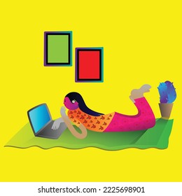 
Young girl lying on the floor using laptop computer on yellow background