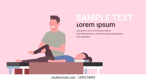 Young Girl Lying On Massage Table Professional Masseur Therapist Doing Healing Treatment Massaging Patient Treating Injured Knee Manual Sport Physical Therapy Concept Horizontal Copy Space