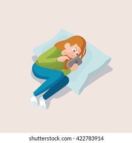 Young girl lying on pillow with smartphone, vector illustration, EPS 10