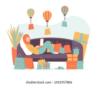 Young girl lying on the sofa at home and holding a laptop. Delivery of goods online. Flat vector illustration.