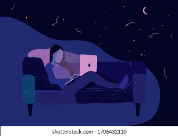 Young girl lying on the sofa with the laptop. Girl relaxing at home at night. Concept of calm and comfort.