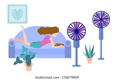 Young girl is lying on the sofa enjoying the freshness and reading. Good climate in the house. Woman is resting under the fans.Hot summer day.  Relaxing at home. Vector illustration in flat style.