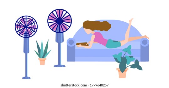 Young girl is lying on the sofa enjoying the freshness and reading. Woman is resting under the fans.Hot summer day.  Relaxing at home. Vector illustration in flat style. Isolated on a white background