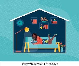 A young girl is lying on the sofa and reading a book near the floor lamp. A woman spends her evening leisure in cozy. Vector cartoon illustration of leisure for women.