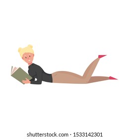 Young girl lying and reading a book. Vector illustration in a flat cartoon style.