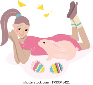 Young girl lying and relaxing with rabbit and eggs around her. Easter spring illustration can be used as festive design template. 
