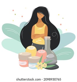 The young girl made a choice in favor of natural cosmetics for skin and hair care. Large cosmetic spa set. The woman is surrounded by large green plants. Stylish flat concept for cosmetics design.