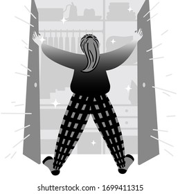 A young girl made order in her closet at home. Black and white graphics. Vector illustration.