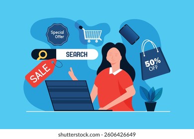 Young girl with magnifying glass searching online for discount sale offer, Christmas holiday sale and black Friday