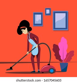 A young girl maid in uniform is cleaning the room with a vacuum cleaner. Cleaning service. Vector illustration.
