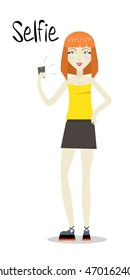 Young girl make a selfie vector illustration. Woman standing with smartphone.Young girl photographed themselves on the phone. Women in pose