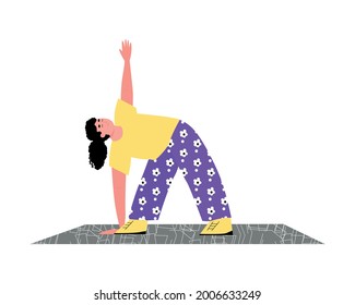 A young girl makes bends. Sports exercises at home during quarantine, weekends, vacations or leisure. Vector cartoon illustration isolated on a white background.