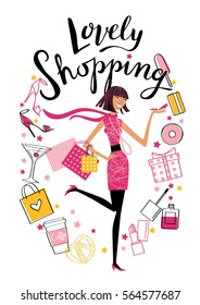 A young girl makes a purchase. To shop. Vector hand drawn illustration. Fashionable accessories. 