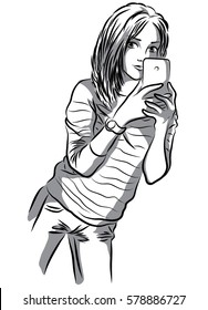 A young girl makes a selfie. Vector illustration