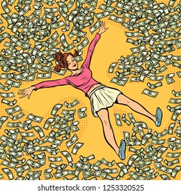 Young Girl Makes Snow Angel Money Dollars A Lot. Comic Cartoon Pop Art Retro Vector Illustration Drawing