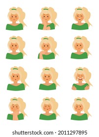 Young girl making different face expressions set with green shirt Happy, angry, sad, in love