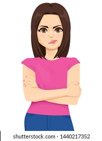 Young girl making negative facial expression frowning face upset emotion