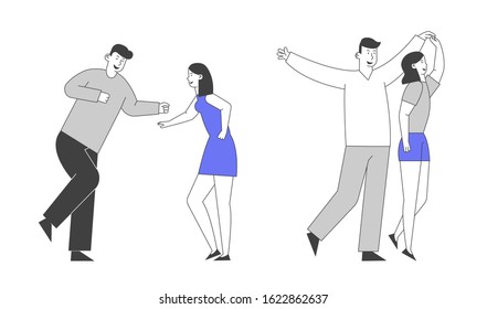 Young Girl and Man Couple Visiting Night Club Dancing Holding Hand . Friends Having Fun Leisure, People Nightlife Clubbing, Active Hobby Recreation, Leisure. Cartoon Flat Vector Illustration, Line Art