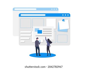 A young girl and a man are creating a website. Little people assemble a website from individual elements. Web design concept. Vector flat illustration