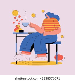 Young girl, man sitting drinking coffee, tea, juice in lunch break vector illustration. Employees in cafeteria, coffee shop, dining room, restaurant flat cartoon character design.