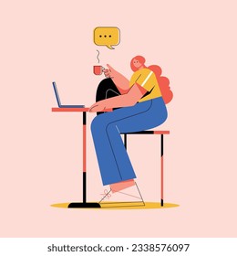 Young girl, man sitting drinking coffee, tea, juice in lunch break vector illustration. Employees in cafeteria, coffee shop, dining room, restaurant flat cartoon character design.