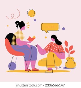 Young girl, man sitting reading book vector flat illustration. Simple color, lines, geometric person character.