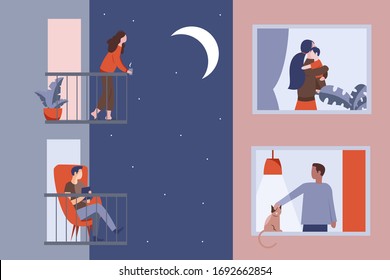 Young girl and man stand on their balconies and look at the moon and stars. The neighbors look out the windows at night. Quarantine concept during the coronovirus pandemic.