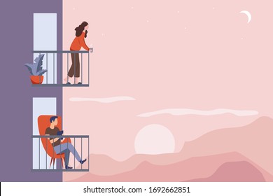 Young girl and man are standing on their balconies and watching the sunset. Quarantine concept during the coronovirus pandemic.