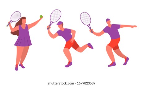 Young girl and man tennis player with racquet a sport game isolated on white background. Woman playing tennis. Young guy playing outside.