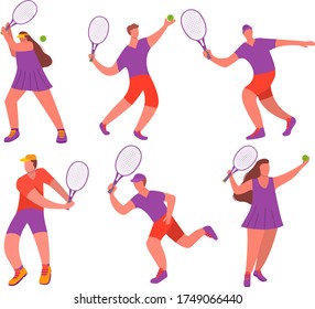 Young girl and man tennis player with racquet a sport game.Woman playing tennis. Cartoon vector characters.Isolated on white background.