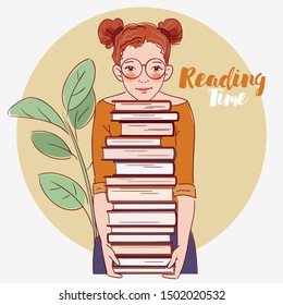 Young girl with many books