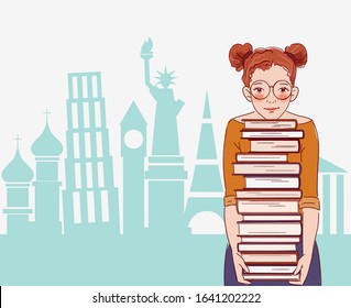 Young girl with many books in front of famous landmarks. Back to school vector concept