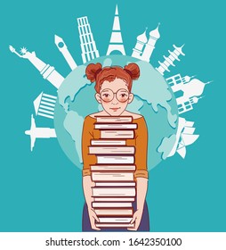 Young girl with many books in front of world map with famous landmarks. Back to school vector concept