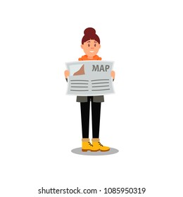 Young girl with map in hands. Cartoon character of tourist. Adventure and outdoor recreation. Flat vector design