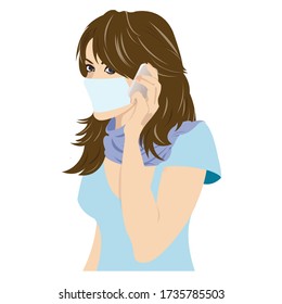 Young Girl with mask on phone. Vector