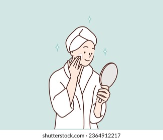  young girl massages the face scrub and smiles. Hand drawn style vector design illustrations. - Shutterstock ID 2364912217