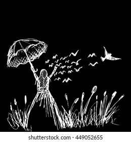 Young girl in the meadow with birds flying bird. Hand drawing illustration.