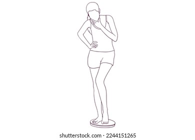 young girl measuring her body weight on a scale hand drawn style vector illustration