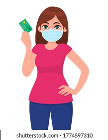 Young girl in medical face mask showing credit, debit card. Woman holding ATM transaction card. Female character. Business and finance. Corona virus epidemic outbreak. Cartoon illustration in vector.